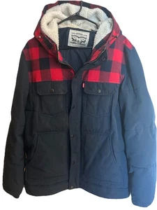 Winter Jacket Levi's Youth Boys Size Large Quilted Hooded Red Plaid - Picture 1 of 5