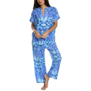N NATORI Oasis Challis Conjunto Pijama Top Rayón Cordón Pantalones Talla XL Blanco Azul Pijama - Imagen 1 de 14