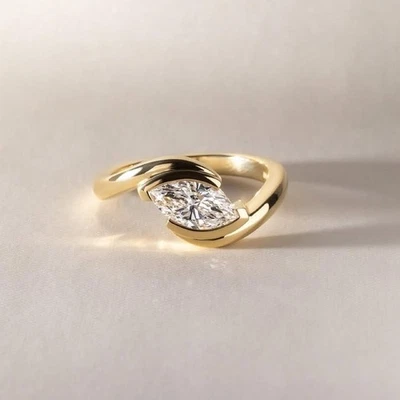 1.50CT Moissanite Fiançailles Bague 14k or Jaune Solitaire Femme Marquise Bague - Photo 1/4