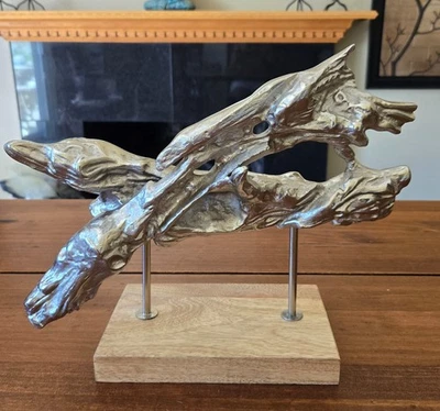 Moderna Escultura Abstracta Madera a la deriva Metal Plateado Base Madera Mesa Decoración Zen Foto 1 de 4