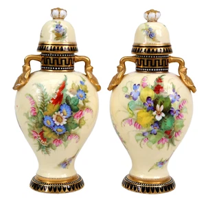 Coalport Arts Crafts Vases Gilt Lily Pad Handles Painted Flowers h17cm c1880 - Picture 1 of 14
