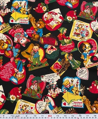 Vintage 1996 Love Notes for Hi-Fashion Fabrics Black Cotton Fabric 53" x 43" - Image 1 of 2