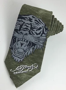NWOT Ed Hardy Tiger Tattoo Men's Neck Tie Classic Olive Green Gray Black Silk - Picture 1 of 4
