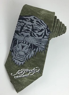 NWOT Ed Hardy Tiger Tattoo Corbata de cuello para hombre Clásica Verde oliva Gris Negro Seda  Foto 1 de 4