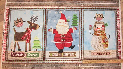 Bundle Up Snowman Santa Reindeer Owl SPX Christmas Fabric Panel 23"  #25597 - Image 1 of 2