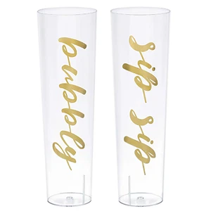 Champagne Stemless Wine Glasses Gold Hot Stamped on Clear Plastic Pack of 2 - Picture 1 of 1