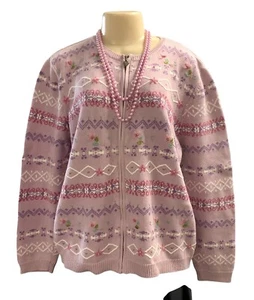 Alfred Dunner Purple Mauve Embroidered Zip Up Knit Cardigan Sweater Womens XL - Picture 1 of 2