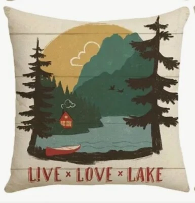 Rowing Lake Canoe Explore Lake Lodge Cabin Hunting Throw Pillow Cover Man Cave - Image 1 of 4