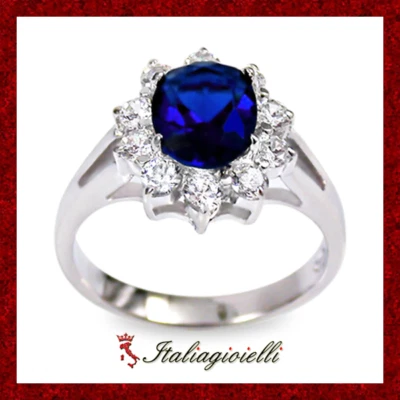 Sfarzoso Anello Tipo Zaffiro in Argento 925 Rodiato Oro Bianco - Immagine 1 di 4