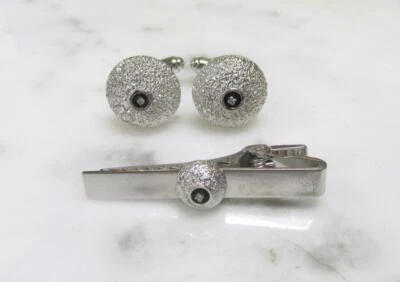 Anson Sterling Silver Cufflinks & Tie Clip Set w/ Diamonds ~ 20.7grams ~ 4-K394 - Image 1 of 4