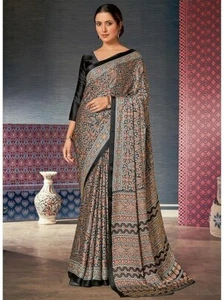 Women's Black Digital Print Satin Crepe Saree With Unstitched Blouse Piece - Picture 1 of 2