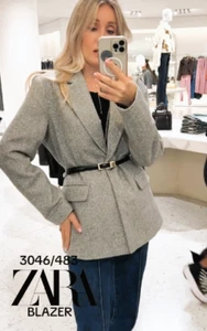 ZARA GREY MARL HERRINGBONE WOOL BLEND STRAIGHT BLAZER SIZE L - Picture 1 of 23