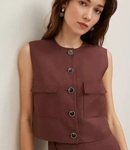 Ann Taylor Linen Blend Patch Pocket Cropped Vest Size 6 - Picture 1 of 4