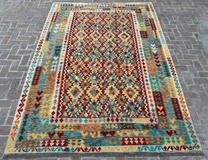 8x12 Fuß Afghanischer handgewebter geometrischer bunter moderner orientalischer turkmenischer Wollkelim - Bild 1 von 15