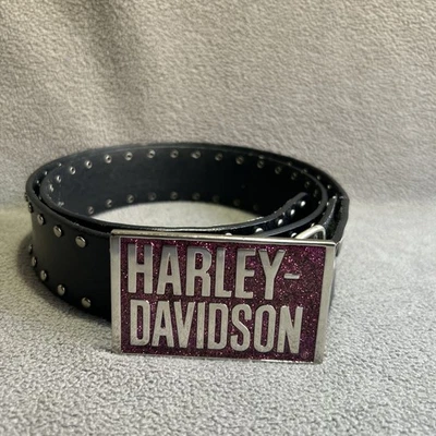 Harley-Davidson Cinturón Hebilla Brillo Rosa Brillo En Mediano Negro Cinturón Tachonado Foto 1 de 4
