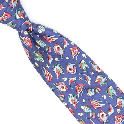 Corbata de seda Alain Figaret para hombre azul rojo verde blanco estampado de peces tropicales Francia Foto 1 de 4
