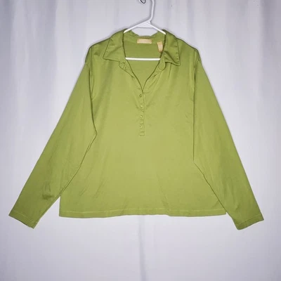 Kate Hill Button Collar Henley Shirt Women 3X Green Supima Cotton Preppy Sequin - Image 1 of 4