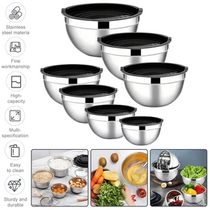 Stainless Steel Mixing Bowls 7 Piece Bowl Set with Lids for Prep Baking Salad - Picture 1 of 12