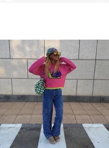 NEU ZARA Schnecke Jacquard Strick Pullover Blogger Rainbow Artsy Rosa Lila L XL - Bild 1 von 5