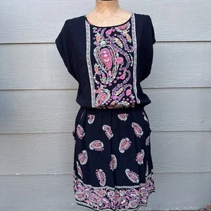Angie Dress Large Black Pink Paisley Elastic Waist Boho Pockets Beach Sun - Picture 1 of 7