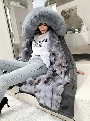 Womens Hooded Real Fox Fur Collar Detachable Lined Mid Long Coat Parka Overcoats - Image 1 of 4