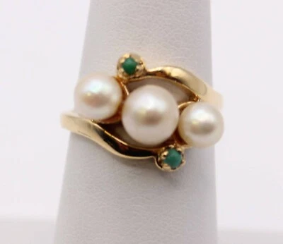 Anillo Estate Perla Redonda 3 Piedras Vintage Oro Amarillo 14k YG Talla 6.5 3.7g N0066 Foto 1 de 4