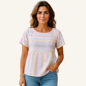 Anthropologie Letty Blouse S Rainbow Embroidered Top EUC Babydoll Neon Boxy - Picture 1 of 9