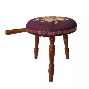 Antique Farmhouse Country Floral Needlepoint Maple Milking Footstool w/ Handle - Picture 1 of 9