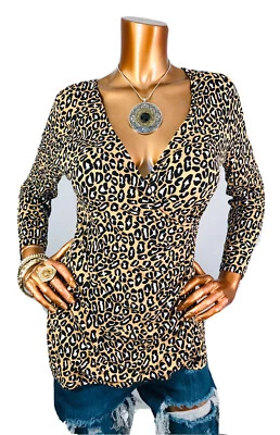 Banana Republic M Top Stretch Animal Print Surplice Low V Cut Blouse 3/4 Sleeves - Image 1 of 4
