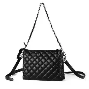 Black Nylon Puffer Quilt Crossbody Bag Chain Strap - Picture 1 of 6