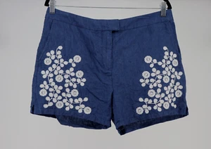 Boden Shorts Women 10 Linen Blue Chambray Embroidered High Rise Pocket 4" Inseam - Picture 1 of 7