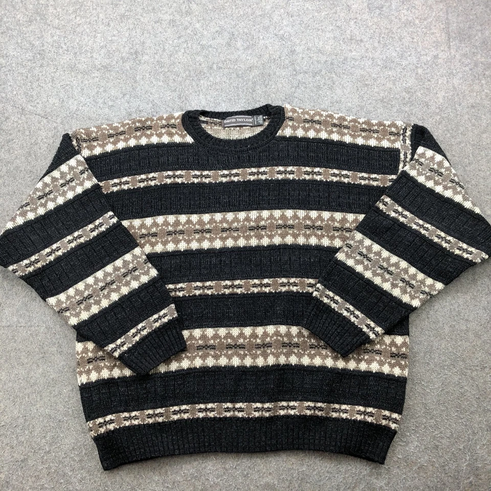 Suéter Vintage David Taylor Para Hombre Grande Negro Beige Tejido Grueso Pullover Foto 1 de 4