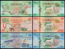 COOK ISLANDS 3 PCS SET 10 20 50 DOLLARS 1992 UNC P 8 9 10 ,WITH STAIN ON 50