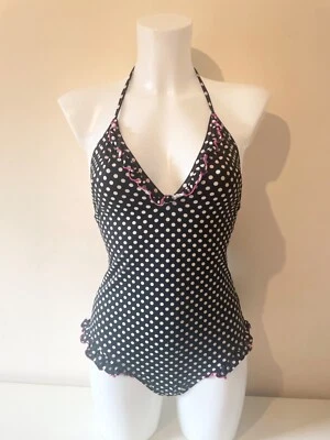 TRAJE DE BAÑO PAUL SMITH BLANCO Y NEGRO MANCHA ROSA CON BORDES VOLANTES RIBETE CUELLO HALTER TALLA XS Foto 1 de 3
