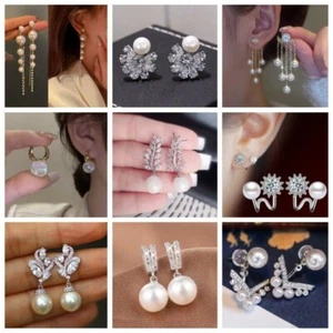Preciosos pendientes plateados vintage para mujer gancho para oreja colgante joyería perla - Imagen 1 de 60
