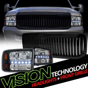 Black LED Headlights Signal Parking Amb 1Pc Ks+Vertical Grille For 99-04 F250 Sd - Picture 1 of 2