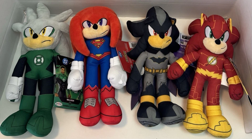SET OF 4! DC x SONIC Plush FLASH BATMAN SUPERMAN KNUCKLES GREEN LANTERN SILVER - Image 1 of 1