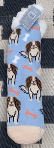 Critter Socks Sherpa Fleece Slipper Socks Dogs Bones One Size Blue Brown Wh New - Picture 1 of 6