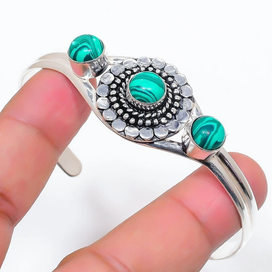 Malachite Gemstone Handmade 925 Sterling Silver  Adjustable Cuff Bracelet - Image 1 of 1