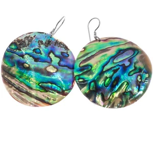 925 Silver Large Iridescent Round Paua Abalone Shell Sterling Earrings, 2" - Picture 1 of 2