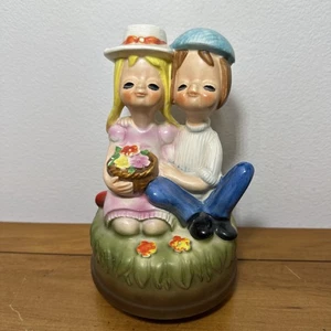 VTG Japan Rotating Papier-mache Music Box Mod Boy & Girl Plays LOVE STORY - Picture 1 of 6