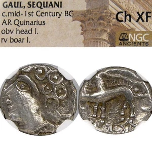 FINEST STYLE! The SEQUANI Celts, Gaul. Celtic Male head/Boar. NGC Choice XF Coin - Picture 1 of 10