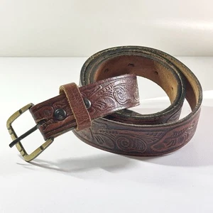 Vintage Brown Leather Embossed Belt Size 42 3cmx123cm Floral Scroll Brass (t..) - Bild 1 von 11
