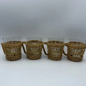 4 Vtg Coffee Wicker Rattan Boho Handle Mugs Glass Cups Holders Set Libbey - Picture 1 of 5