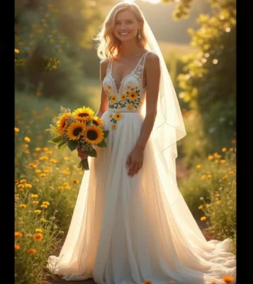 Bohemian Mexican Wedding Dress With Sunflower Embroidery Woodland Civil Boho - Image 1 of 4