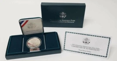 (1) 1999 P Yellowstone National Park Silver $1 Dollar Proof Coin wGreenBox & COA - Image 1 of 2