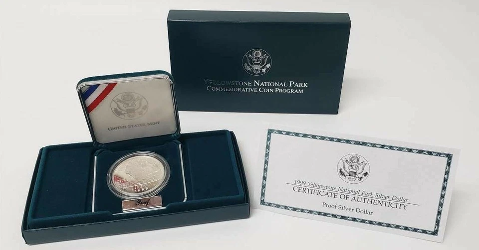 (1) 1999 P Yellowstone National Park Silver $1 Dollar Proof Coin wGreenBox & COA - Image 1 of 2