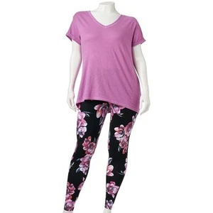 SO Black Purple Women's Junior's Small Floral Yoga Set Tee, Leggings & Headband - Picture 1 of 10