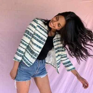 ZARA GREEN ECRU STRIPED TEXTURED BLAZER WITH ZIP SIZE M - Picture 1 of 17