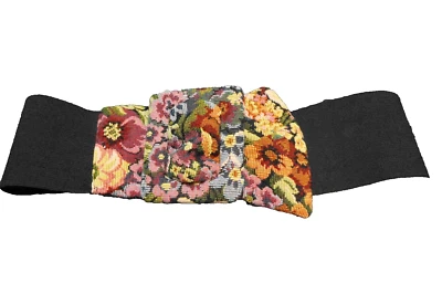 Floral Tapestry Wide Stretch Belt Black Elastic 1980s Vintage - Image 1 of 4
